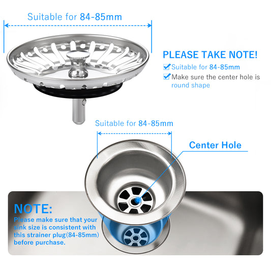 Tomario 2.0 Kitchen Sink Plug Strainer Thicken Stainless Steel Sink Plugs and Strainers for UK Sinks, Hole Diameter 78mm, 79mm, 82mm, 84mm (84mm)